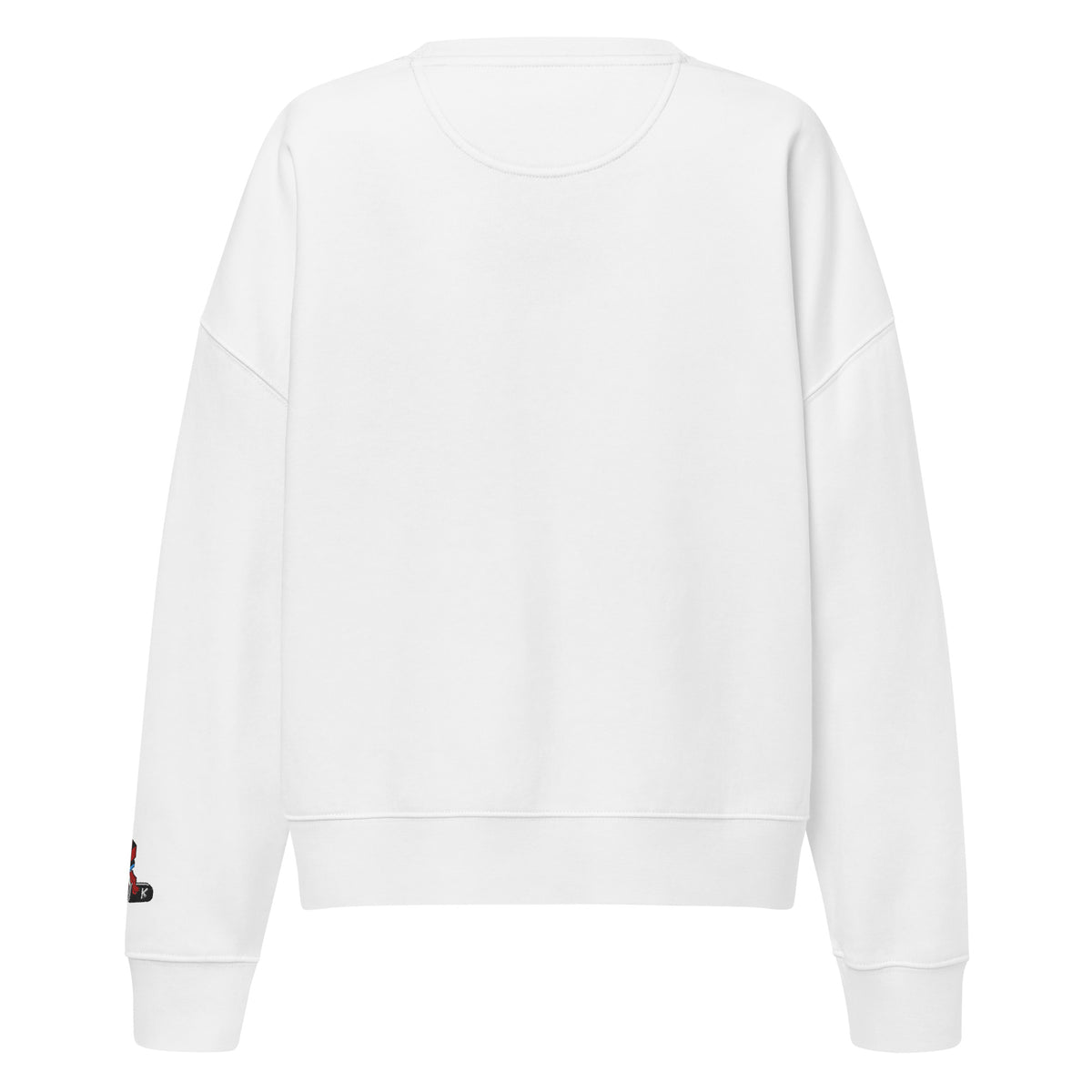 Back side. White crew neck sweatshirt featuring a centered technical graphic of a skateboard top-down view in vibrant red, cyan blue, and black accents.