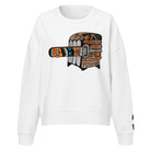 White crew neck sweatshirt featuring a centered graphic of an illustrated retro fridge and skateboard design in orange, brown, and black tones.