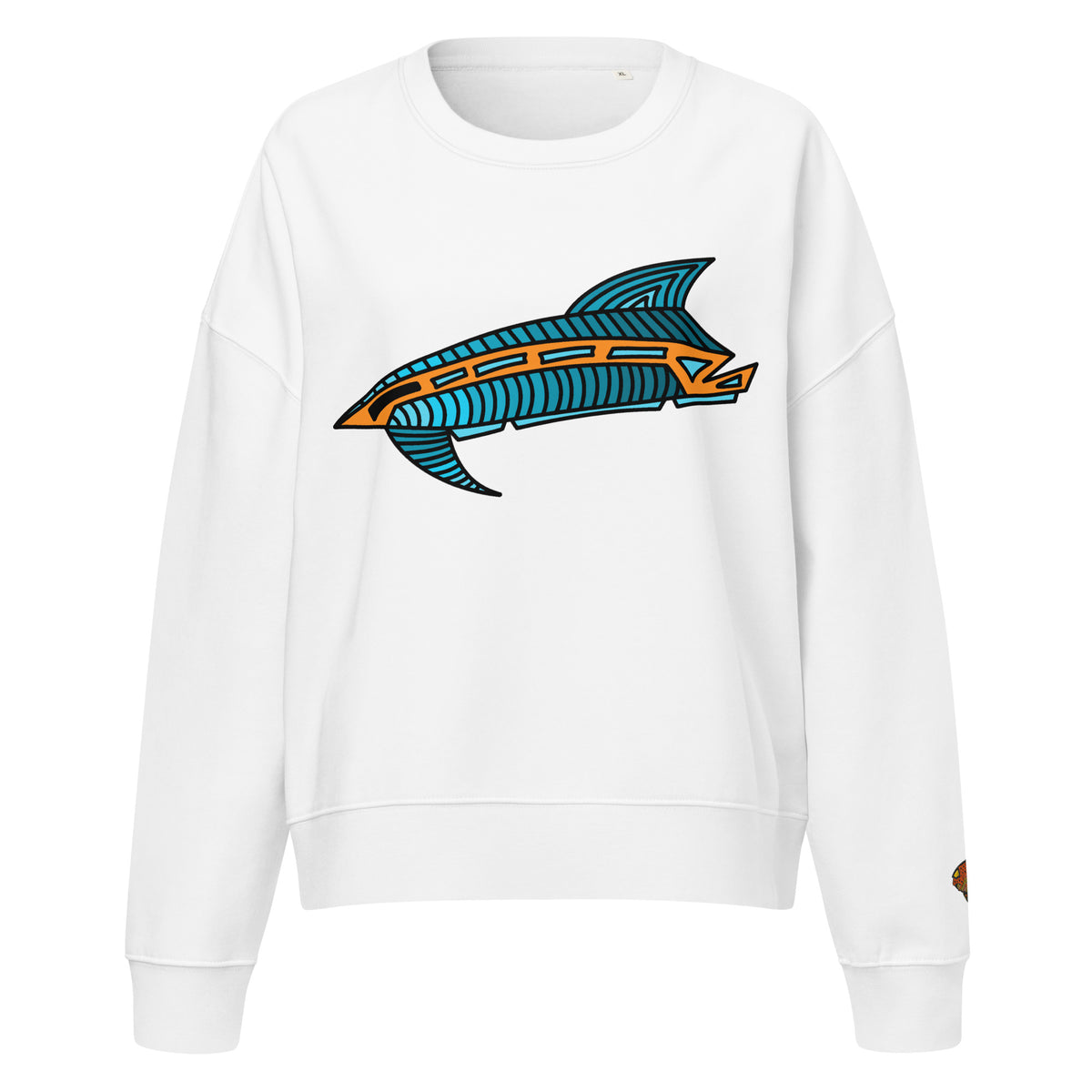 White crew neck sweatshirt featuring a centered graphic of an abstract, stylized fish called Jetfin Reef in cyan blue and bright orange tones with bold black outlines.