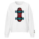 White crew neck sweatshirt featuring a centered technical graphic of a skateboard top-down view in vibrant red, cyan blue, and black accents.