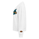 Left side. White crew neck sweatshirt featuring a centered graphic of an abstract, stylized fish called Jetfin Reef in cyan blue and bright orange tones with bold black outlines.