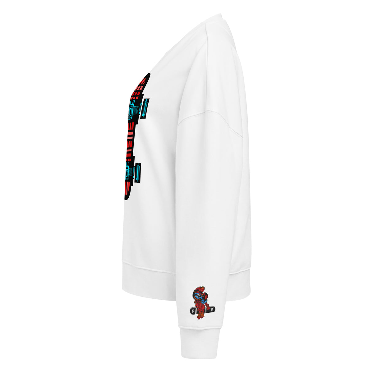 Left side White crew neck sweatshirt featuring a centered technical graphic of a skateboard top-down view in vibrant red, cyan blue, and black accents.