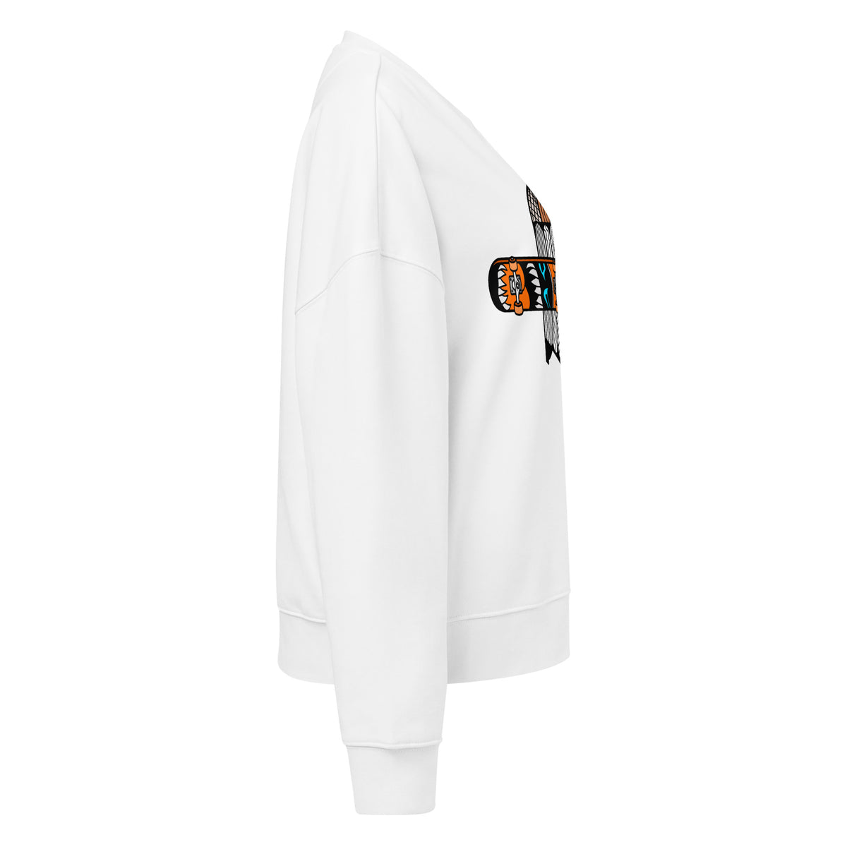 Right side. White crew neck sweatshirt featuring a centered graphic of an illustrated retro fridge and skateboard design in orange, brown, and black tones.