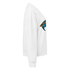 Right side. White crew neck sweatshirt featuring a centered graphic of an abstract, stylized fish called Jetfin Reef in cyan blue and bright orange tones with bold black outlines.