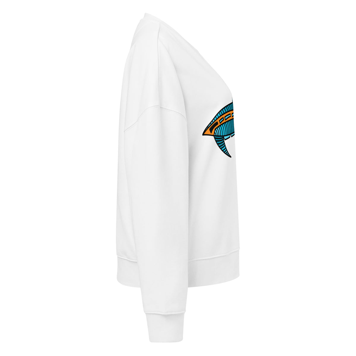 Right side. White crew neck sweatshirt featuring a centered graphic of an abstract, stylized fish called Jetfin Reef in cyan blue and bright orange tones with bold black outlines.