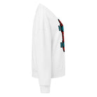 Right side. White crew neck sweatshirt featuring a centered technical graphic of a skateboard top-down view in vibrant red, cyan blue, and black accents.