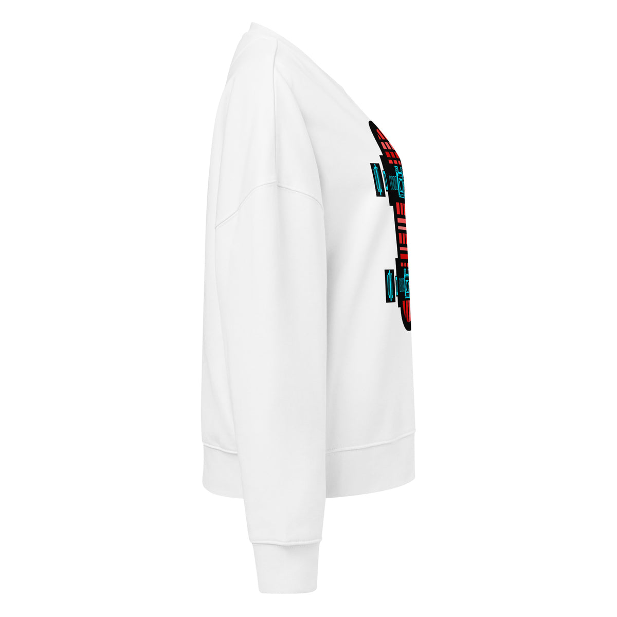 Right side. White crew neck sweatshirt featuring a centered technical graphic of a skateboard top-down view in vibrant red, cyan blue, and black accents.