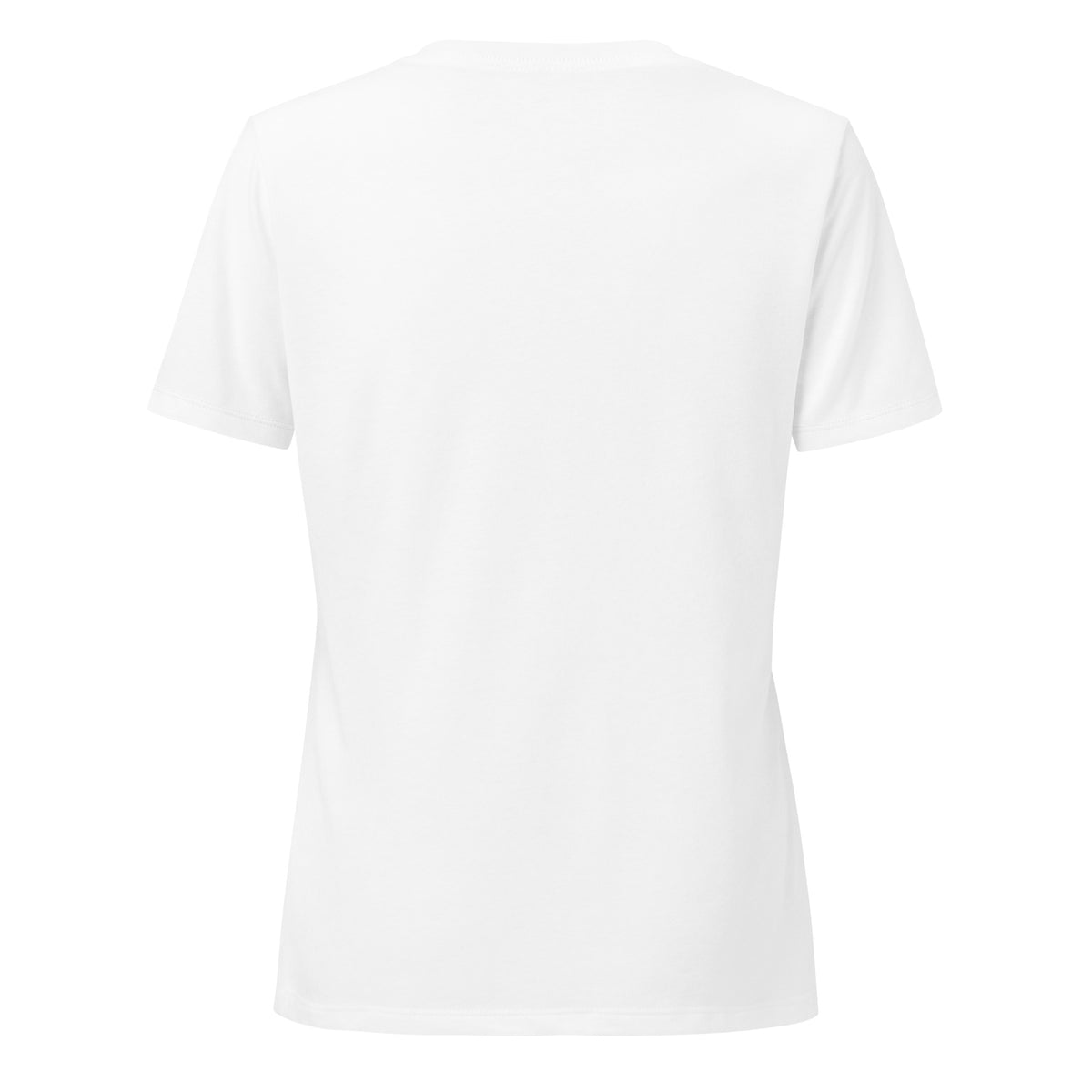 Back view of the plain white Assemble Mode V-neck tee.