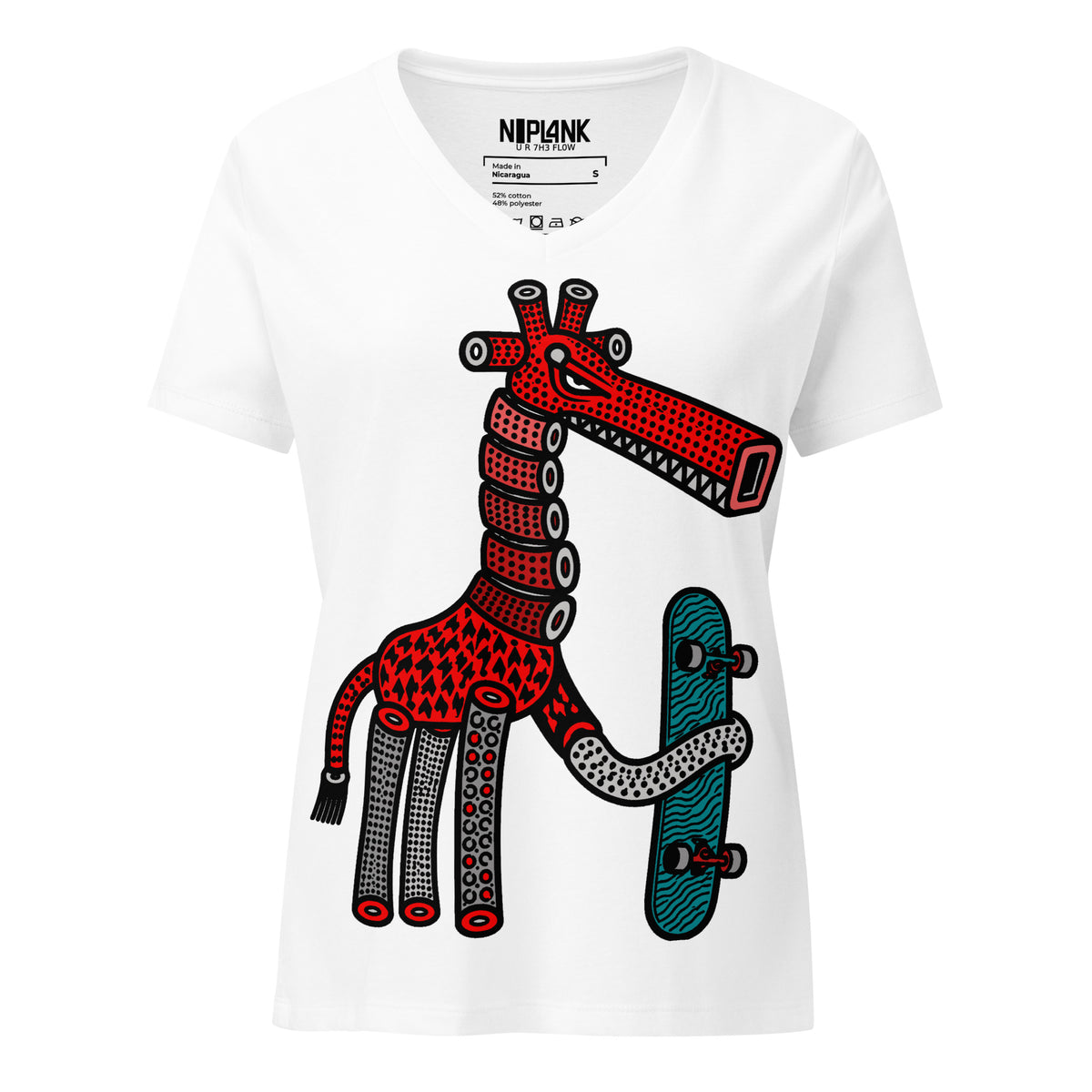 White relaxed V-neck tee with a red giraffe holding a turquoise skateboard.