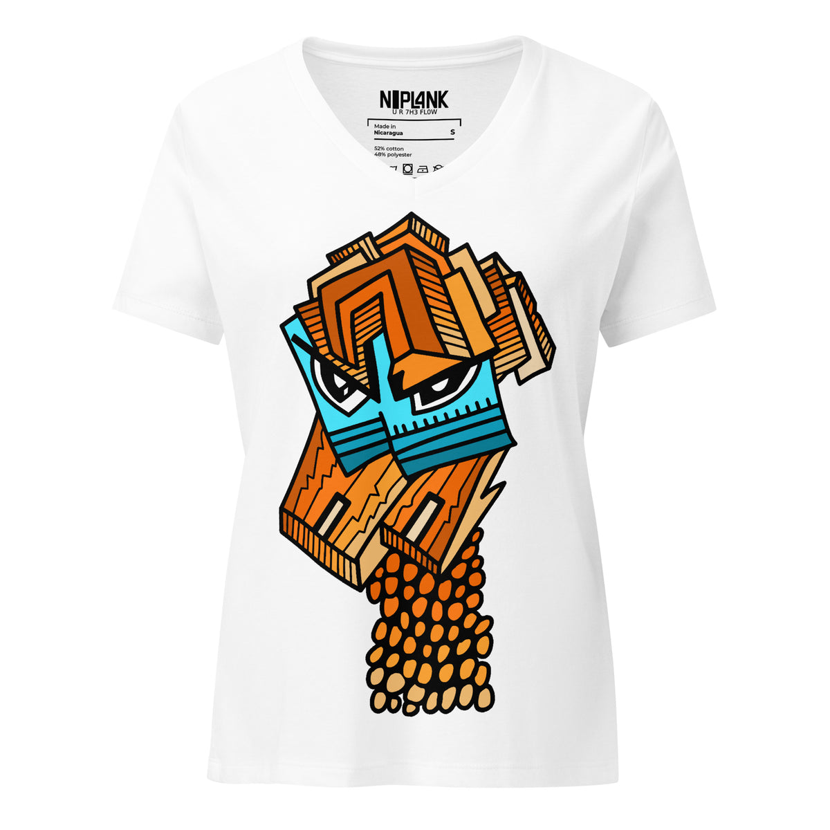 White relaxed V-neck tee with an abstract orange and blue portrait of an angry girl.