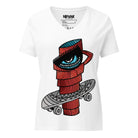 White relaxed V-neck tee with a red, one-eyed coffee character and skateboard graphic.