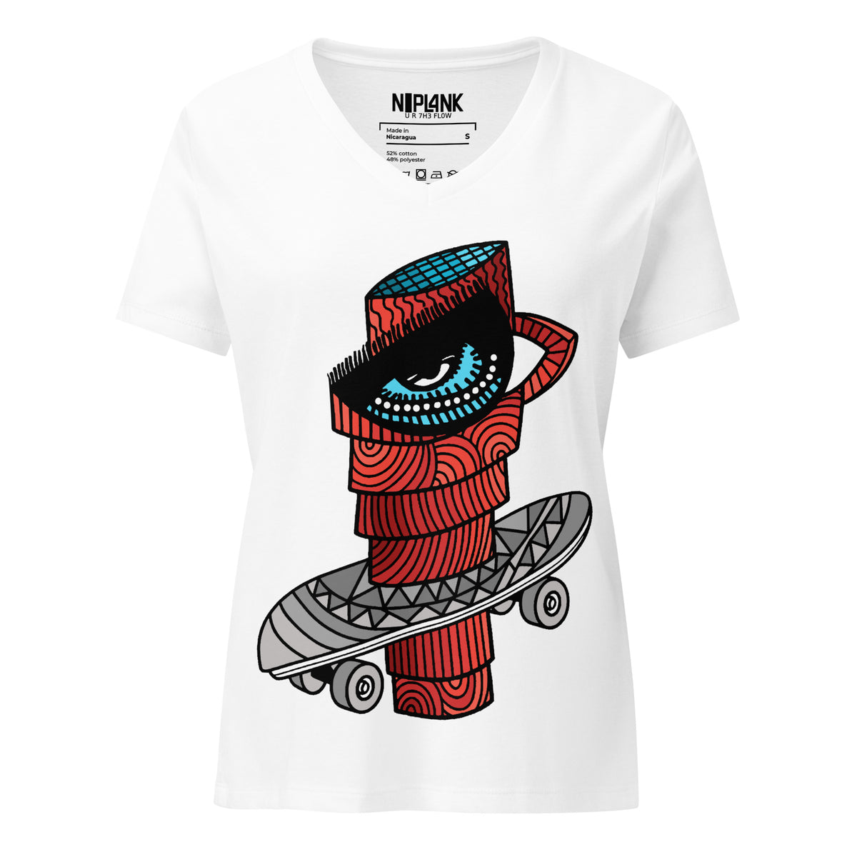 White relaxed V-neck tee with a red, one-eyed coffee character and skateboard graphic.