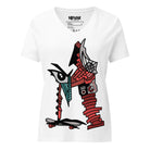 White relaxed V-neck tee with an abstract red and black letter M, an eye and a skateboard.