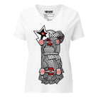 White relaxed V-neck tee with the black-and-white Master Metamorphosis character, red star and geometric details.
