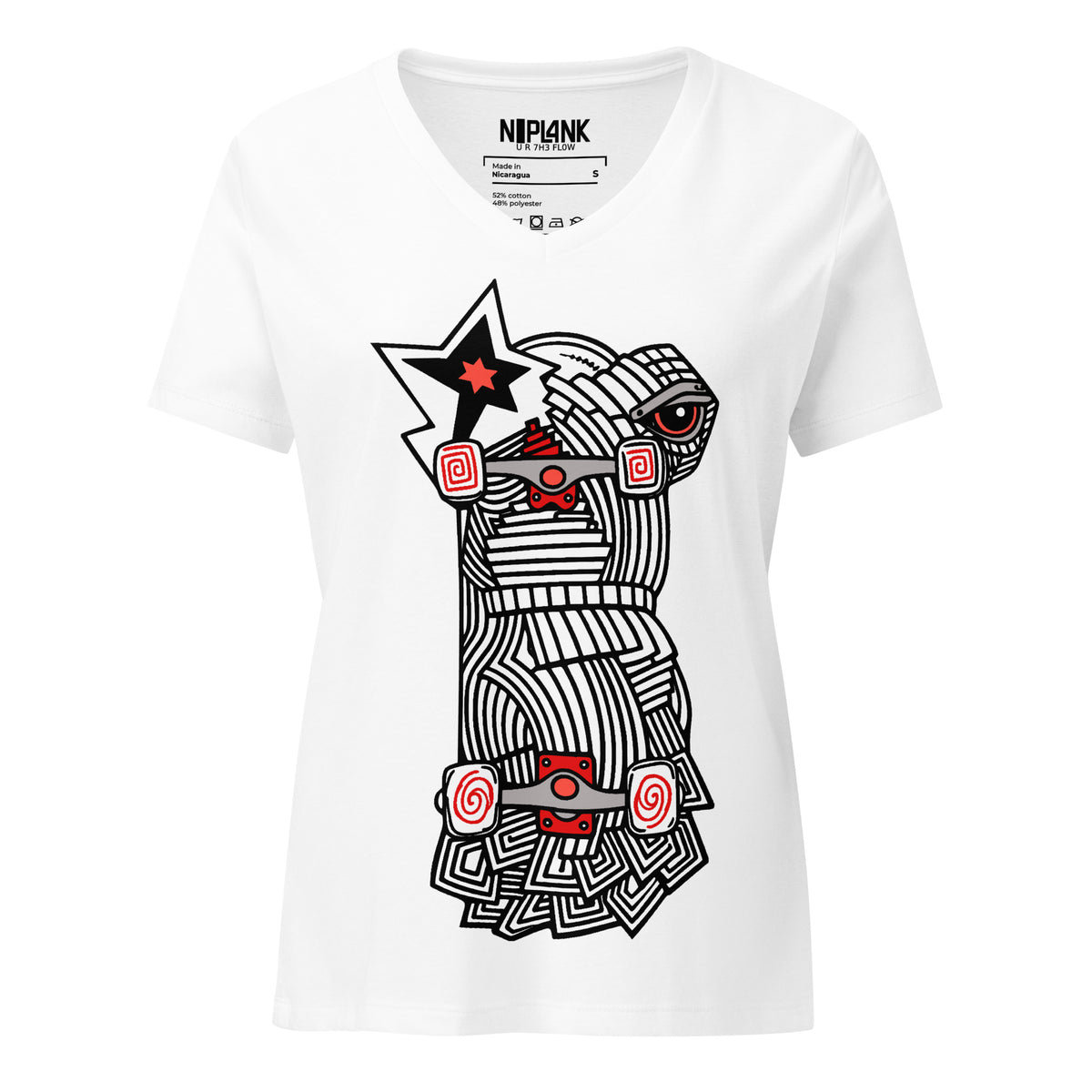 White relaxed V-neck tee with the black-and-white Master Metamorphosis character, red star and geometric details.