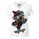 White relaxed V-neck tee with a geometric mechanical unicorn and skateboard graphic.