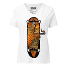 White relaxed V-neck tee with an orange-and-black smoking skateboard graphic.