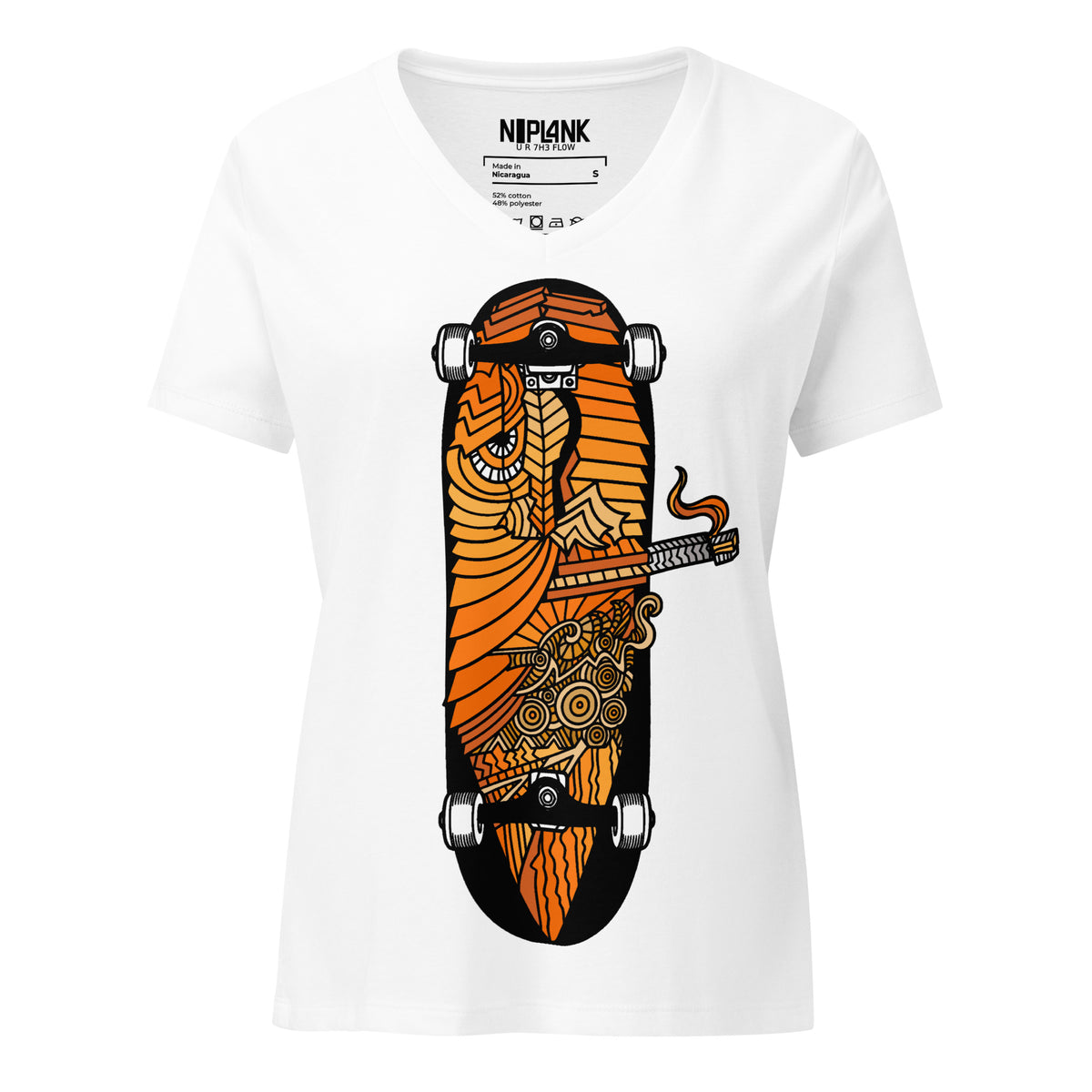 White relaxed V-neck tee with an orange-and-black smoking skateboard graphic.