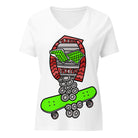 White relaxed V-neck tee with two green skateboard decks and separate trucks and wheels.