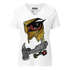 White relaxed V-neck tee with a yellow and black geometric owl and grey skateboard details.