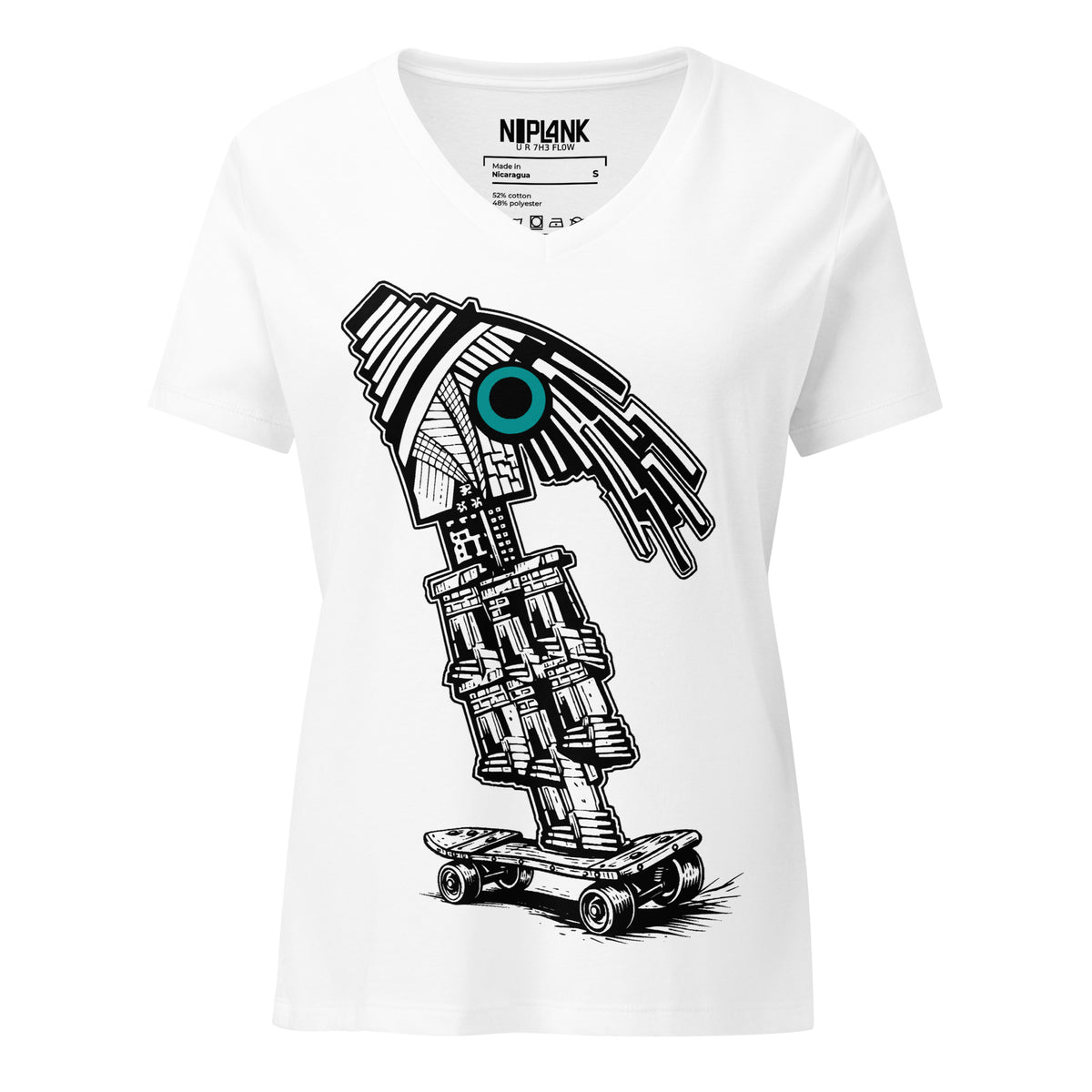 White relaxed V-neck tee with a black-and-white one-eyed skater girl on a skateboard and a turquoise eye.