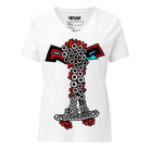 White relaxed V-neck tee with Orbital Flow, a patterned extraterrestrial character on a skateboard.