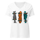White relaxed V-neck tee with three upright geometric skateboards in grey, orange and turquoise.