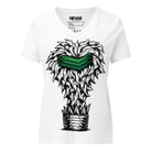 White relaxed V-neck tee with Master Root, an abstract black-and-white character with green angular eyes rising from a pot.