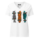 White relaxed v-neck t-shirt featuring a graphic print of three vertically arranged stylized skateboards side by side in grey, orange, and teal green geometric designs with turquoise and orange trucks and wheels.