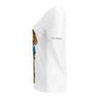Side view of the white Master Reactor V-neck tee showing the edge of the graphic.