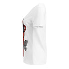 Side view of the white Master Caffeine V-neck tee showing part of the graphic.