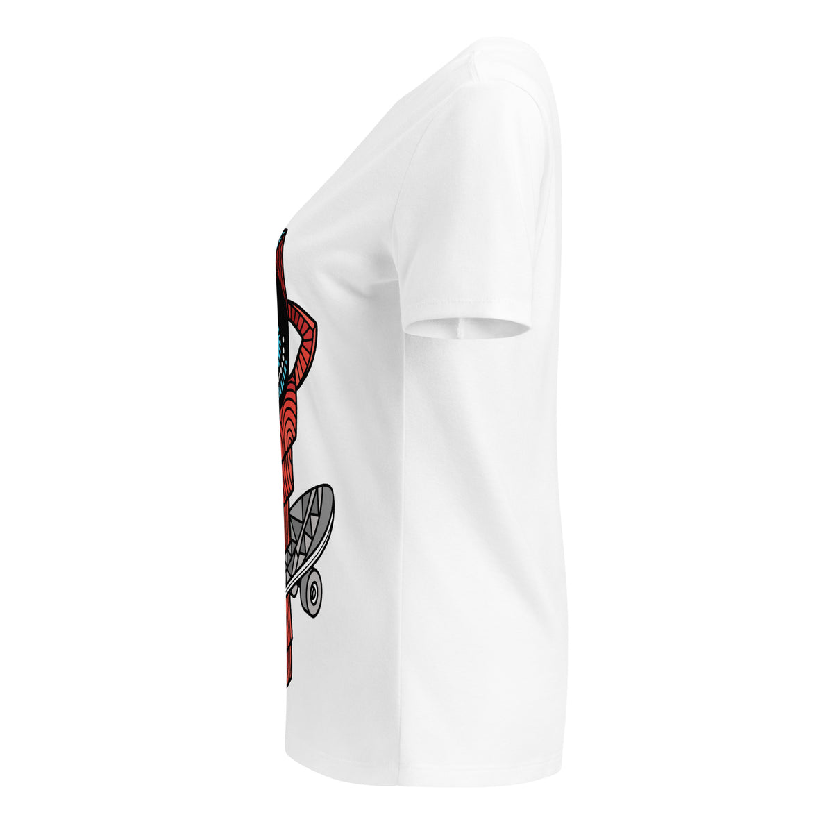 Side view of the white Master Caffeine V-neck tee showing part of the graphic.