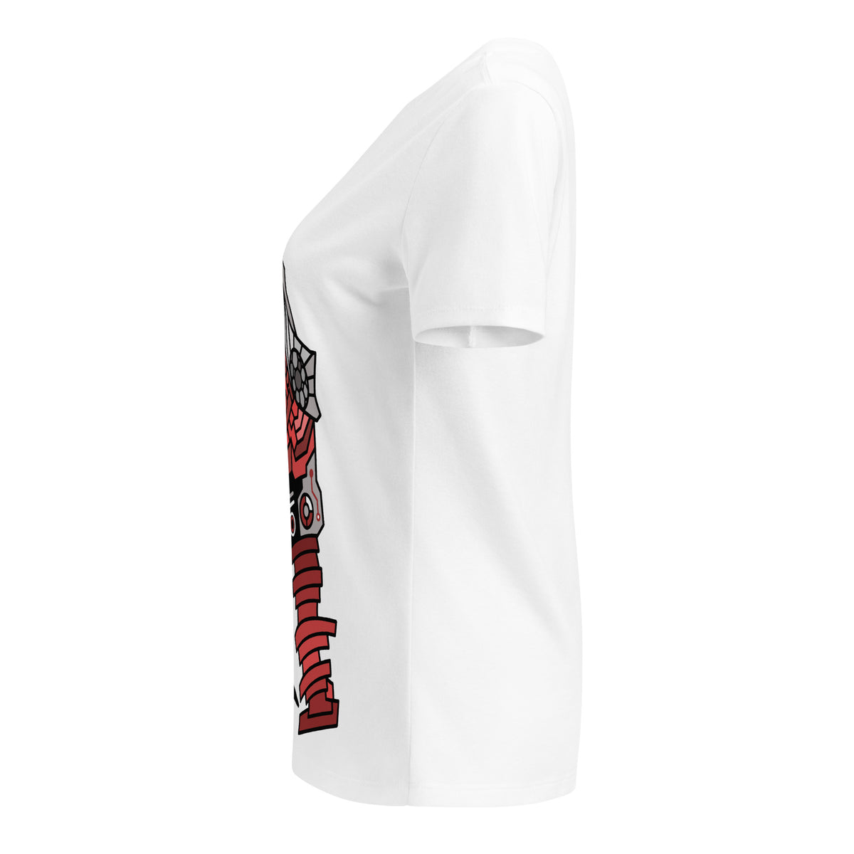 Side view of the white Master MADP V-neck tee showing part of the red graphic.
