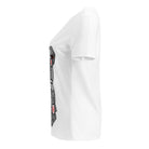 Side view of the white Master Metamorphosis V-neck tee showing part of the graphic.