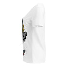 Side view of the white V-neck tee showing part of the unicorn graphic.