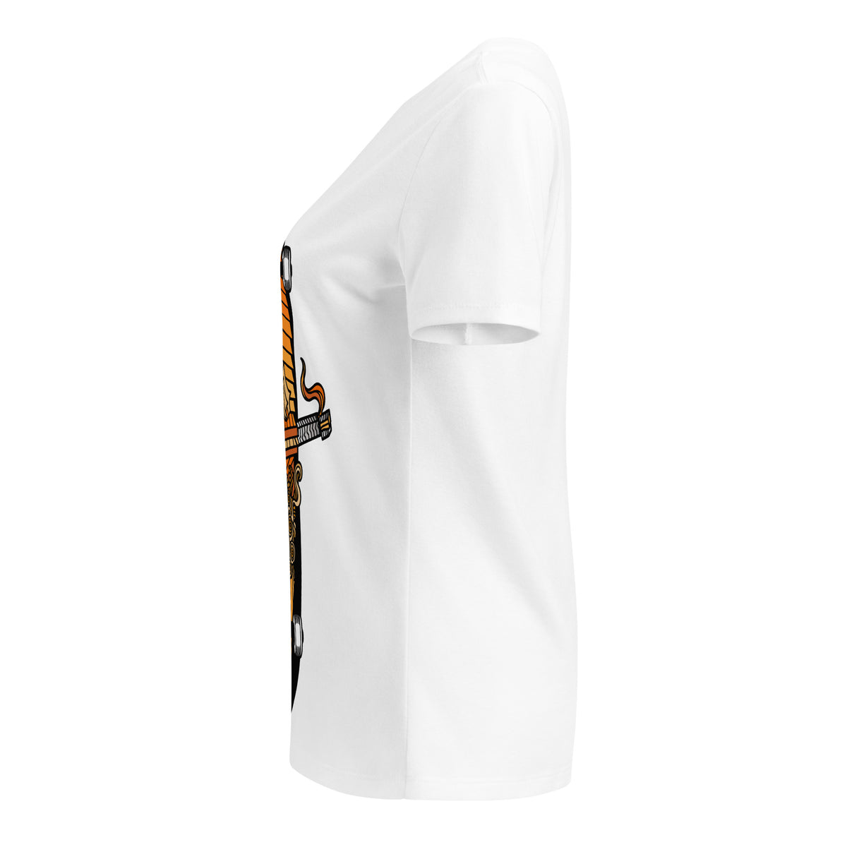 Side view of the white Master Ash V-neck tee showing part of the skateboard graphic.