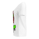 Side view of the white Assemble Mode V-neck tee showing part of the skateboard graphic.