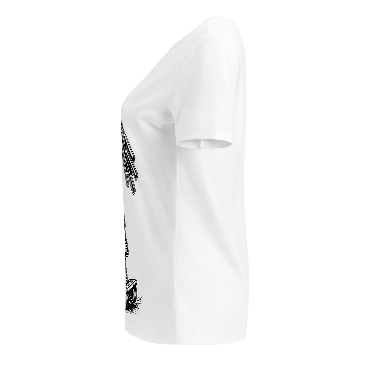 Side view of the white Master Prodigy V-neck tee showing part of the skater girl graphic.