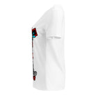 Side view of the white Orbital Flow V-neck tee showing part of the alien skater graphic.