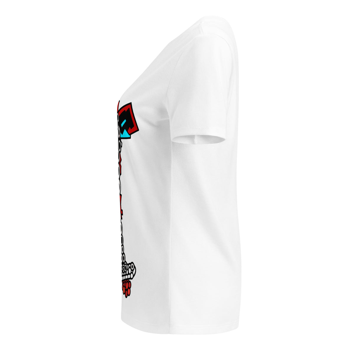 Side view of the white Orbital Flow V-neck tee showing part of the alien skater graphic.