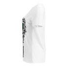 Side view of the white Master Root V-neck tee showing part of the abstract graphic.