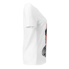 Opposite side view of the white Master Caffeine V-neck tee showing part of the graphic.