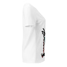 Opposite side view of the white Master MADP V-neck tee showing part of the abstract graphic.