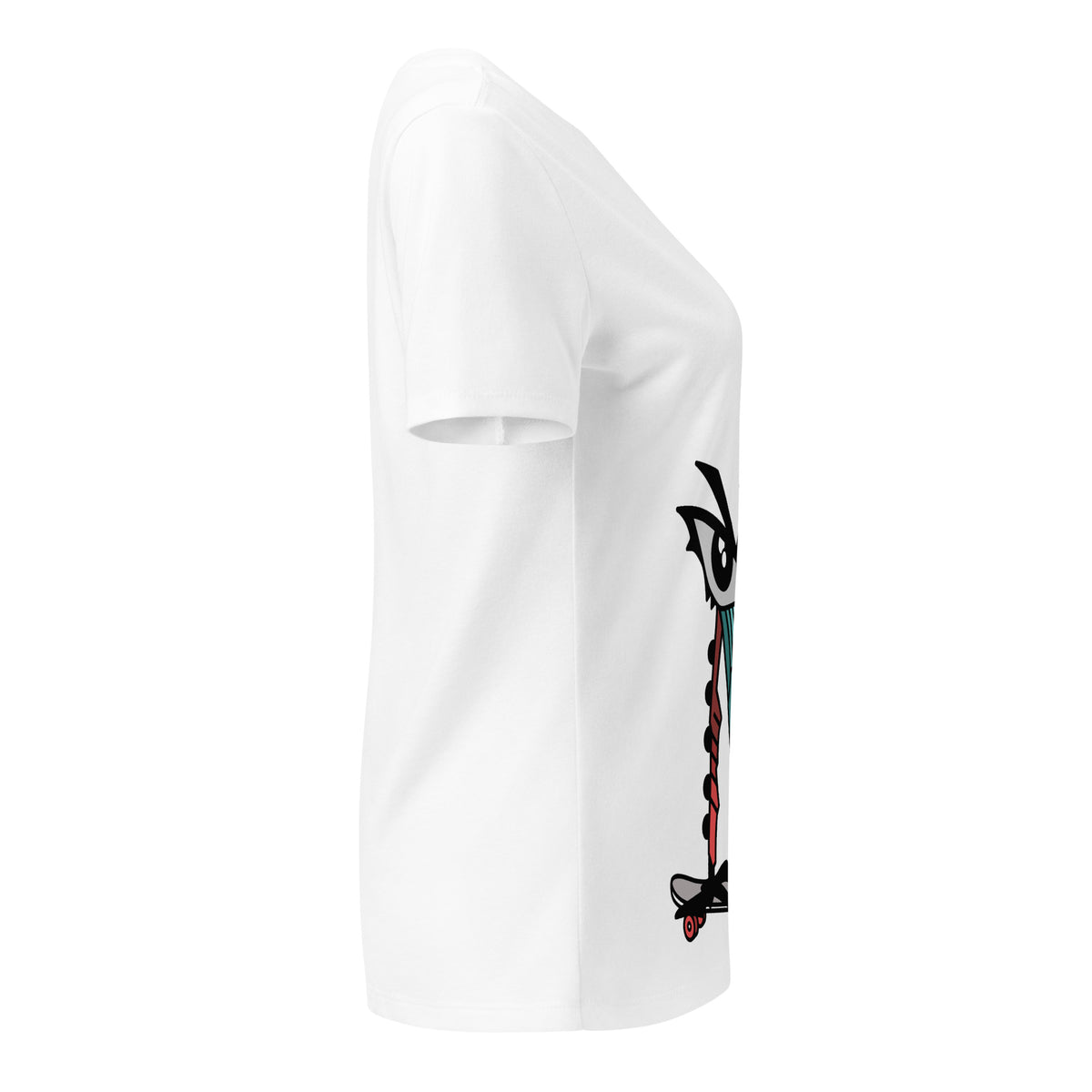 Opposite side view of the white Master MADP V-neck tee showing part of the abstract graphic.