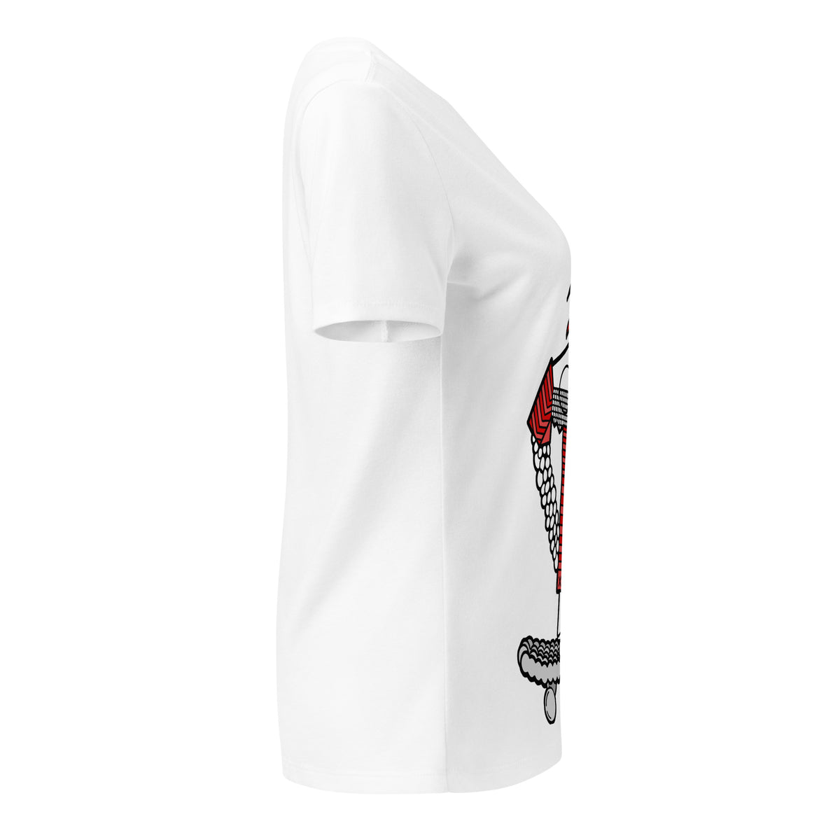Opposite side view of the white Sifrina V-neck tee showing part of the skater girl graphic.