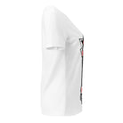 Opposite side view of the white Master Metamorphosis V-neck tee showing part of the graphic.