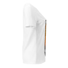 Opposite side view of the white Master Ash V-neck tee showing part of the skateboard graphic.