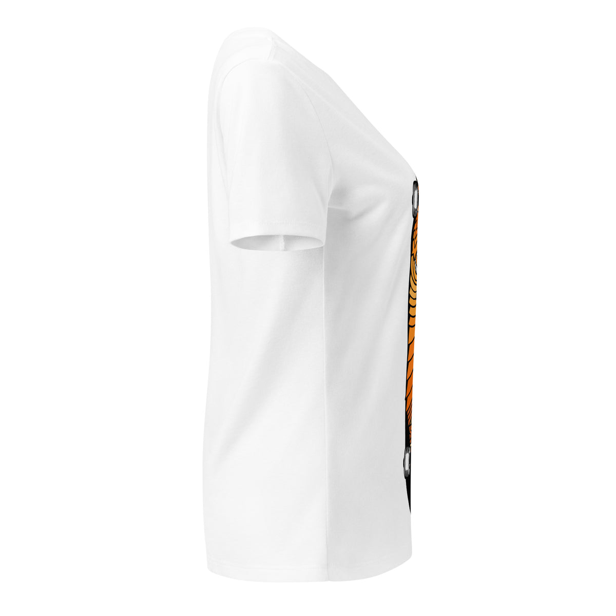 Opposite side view of the white Master Ash V-neck tee showing part of the skateboard graphic.
