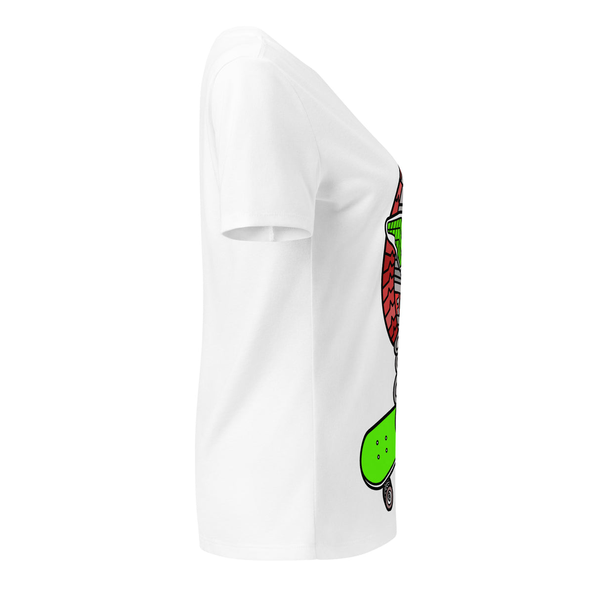 Opposite side view of the white Assemble Mode V-neck tee showing part of the skateboard graphic.