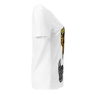 Opposite side view of the white Master Noctowl V-neck tee showing part of the graphic.